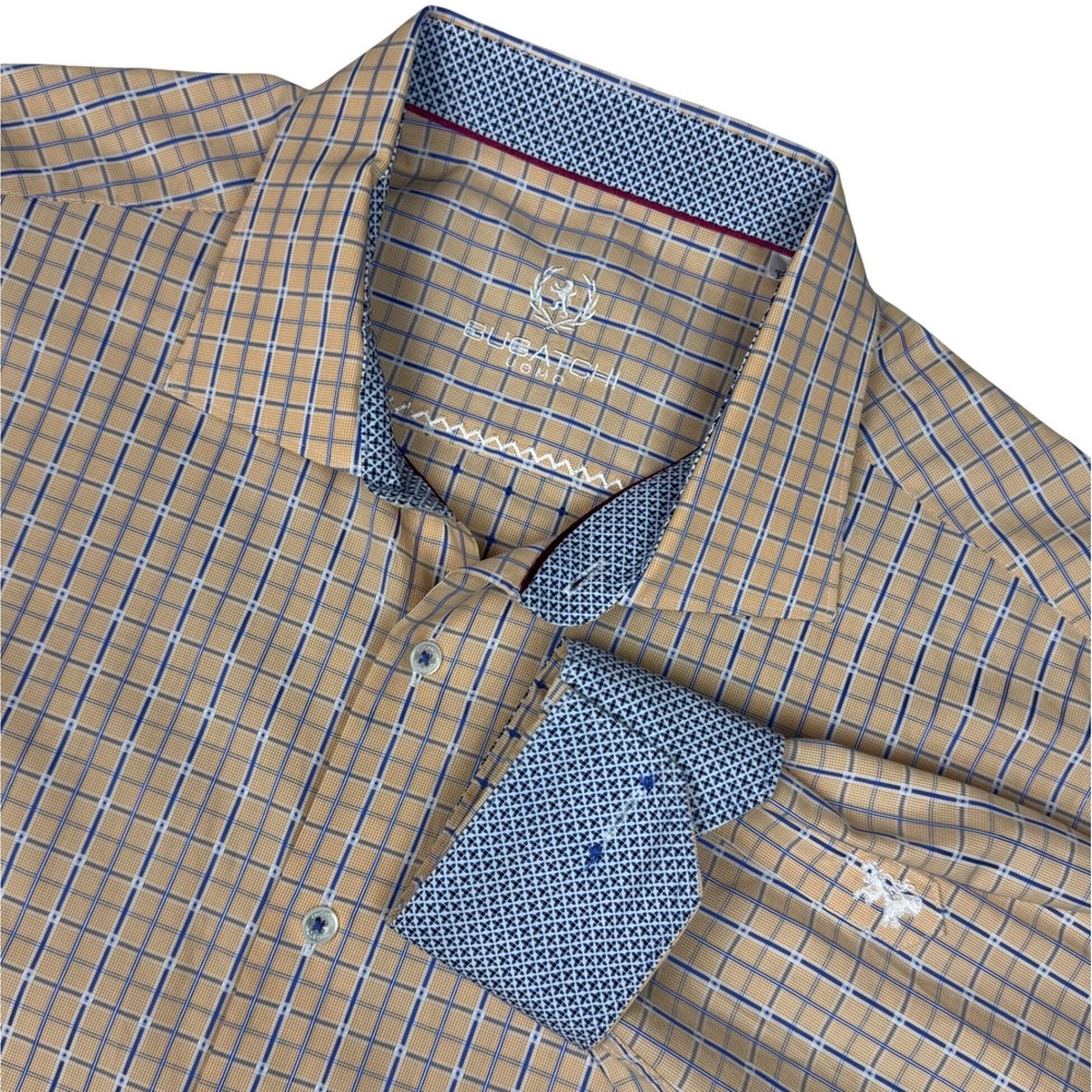 Bugatchi Uomo Mens Button Front Shirt Flip Cuffs Check Long Sleeve Size 18 36/37